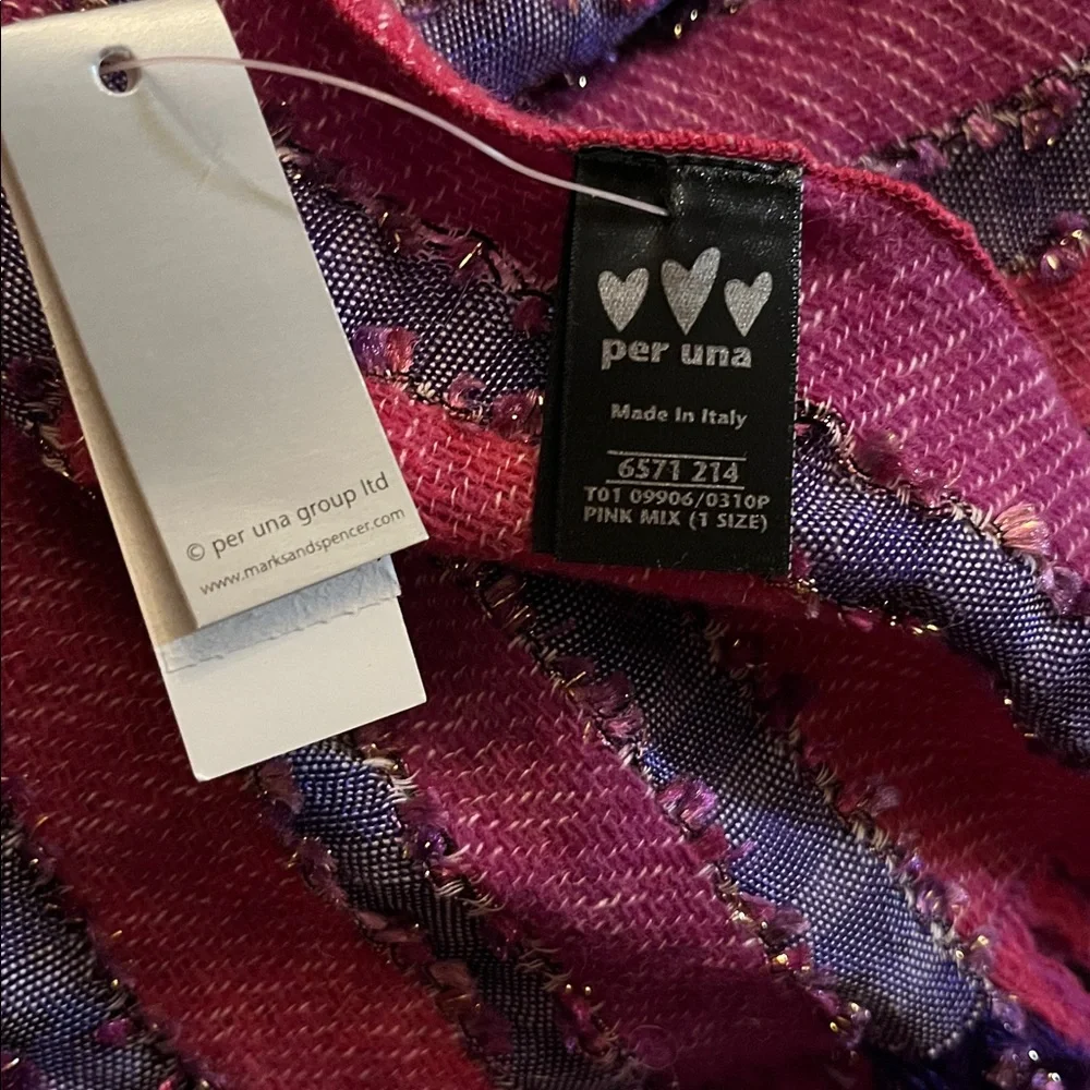 Per Una Pink,Purple Striped Cotton & Wool Blend Scarf  metallic fringe 13”Wx69”L
